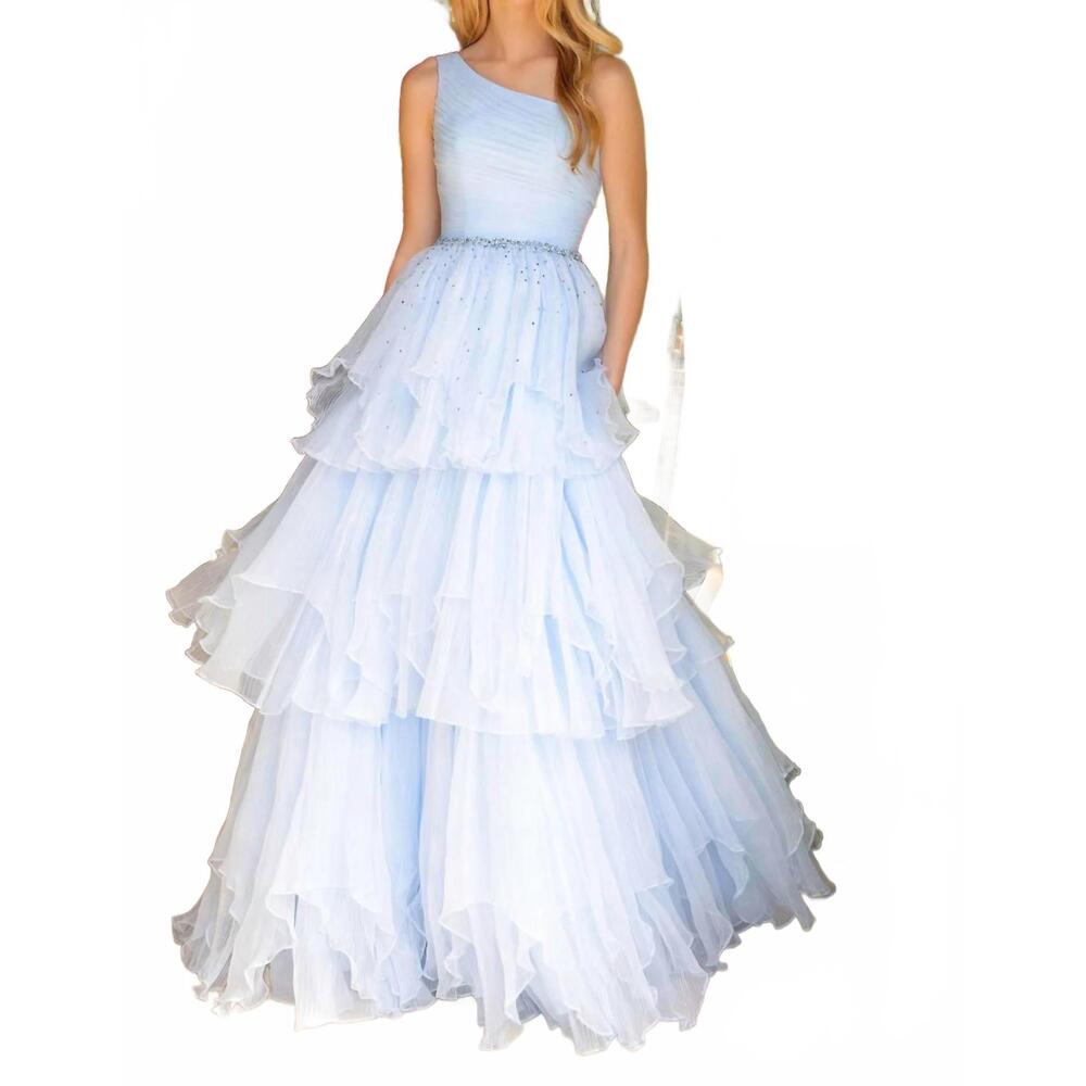 NEW AVA PRESLEY one shoulder tiered ruffle ball dress in light blue